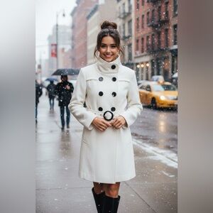 Selected White Wool Blend Double Breasted Belted Coat Size L